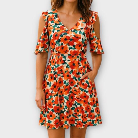 Lark & Ro Cold Shoulder fit and flare A-Line floral Dress Size L - Picture 1 of 5